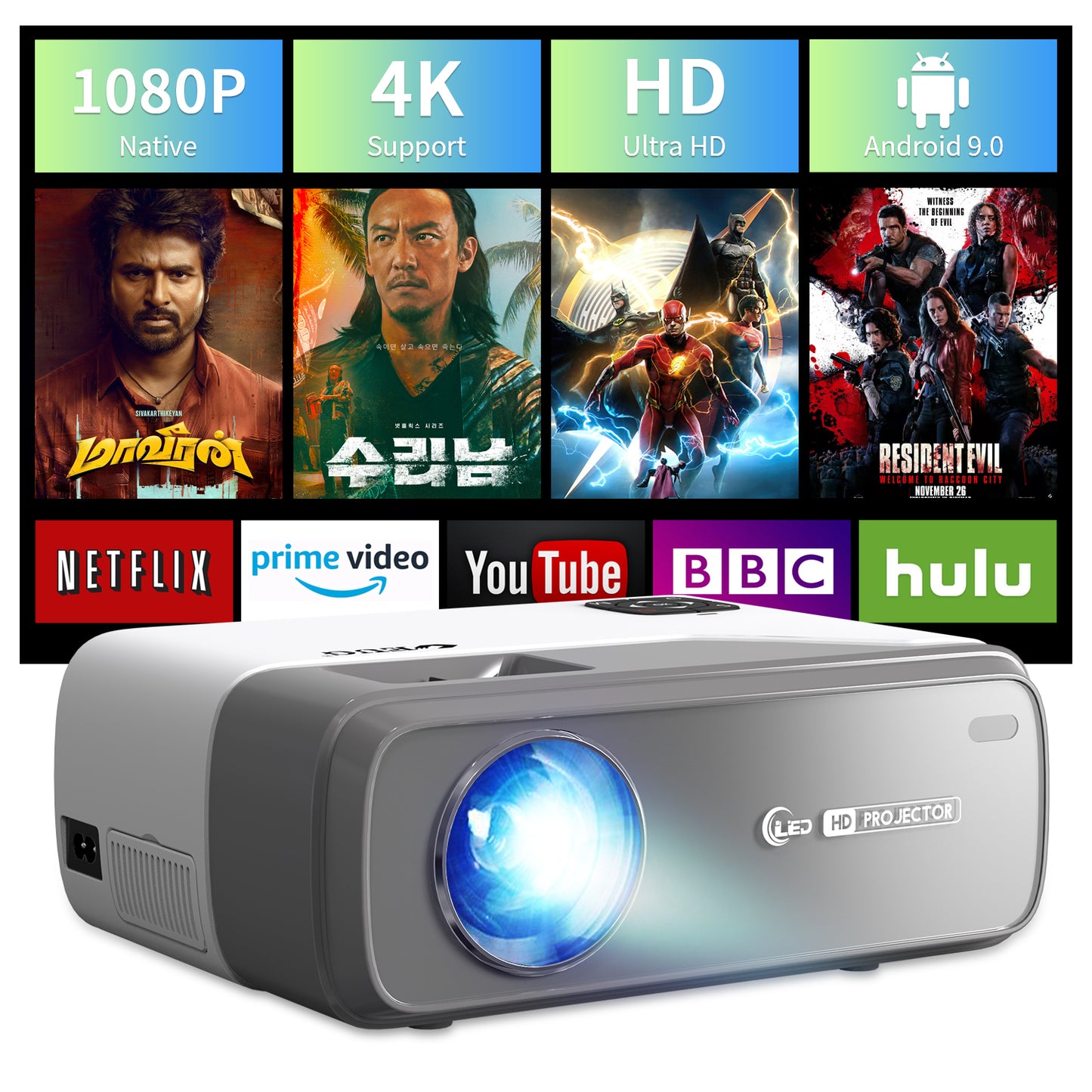 Portable Smart 1080P Android Projector with Bluetooth WiFi, Compact LED LCD Full HD Video Projector Home Cinema Wireless Movie Gaming Outdoor