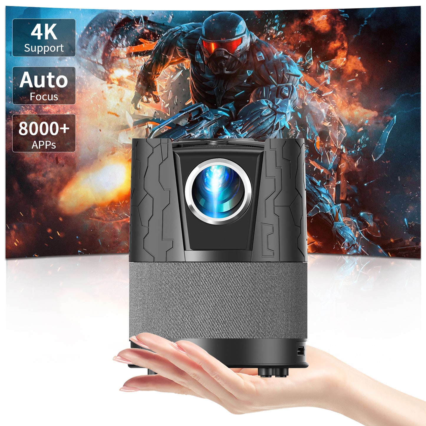 CAIWEI Auto Focus Mini Outdoor Native 1080P Projector, 5G WiFi Smart Portable Movie Projector with Android OS Support 4K