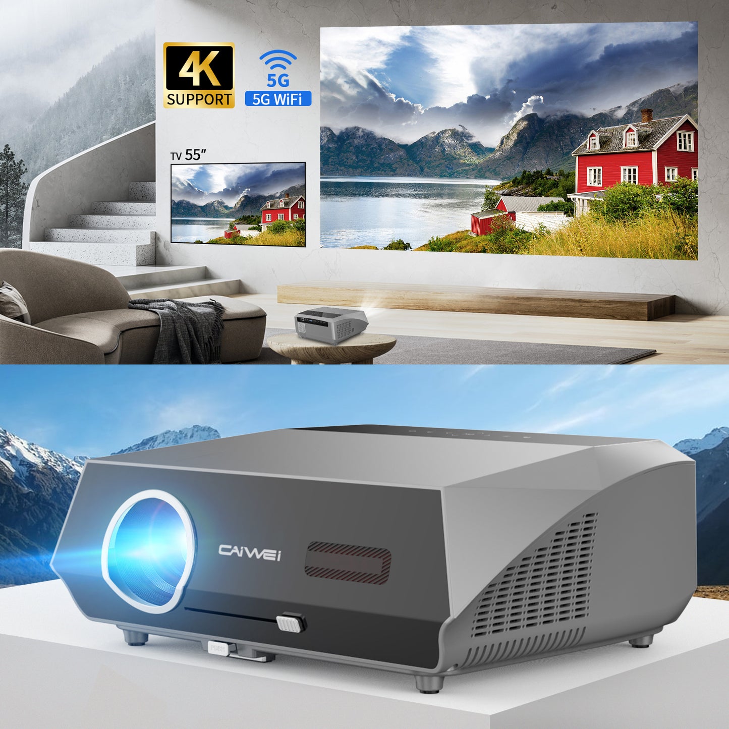 4K Outdoor Projector Auto Focus/Keystone-Built-in Android TV, 1200 ANSI Ultra Bright HDR10+ Daylight Projectors with WiFi 6 Bluetooth