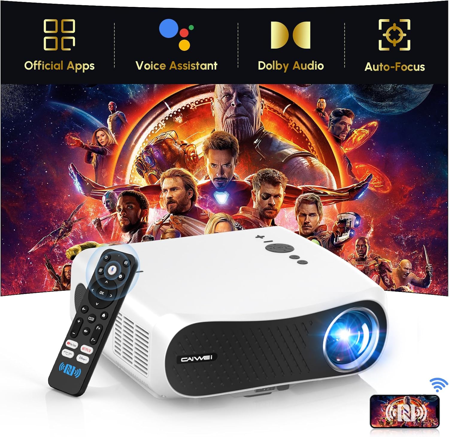 CAIWEI A12AB Smart 4K Daytime Projector with Apps,2200 ANSI Auto