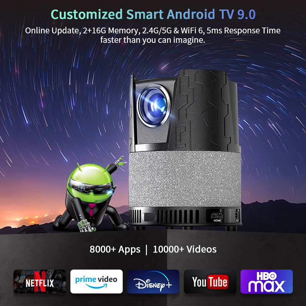 CAIWEI Auto Focus Mini Outdoor Native 1080P Projector, 5G WiFi Smart Portable Movie Projector with Android OS Support 4K