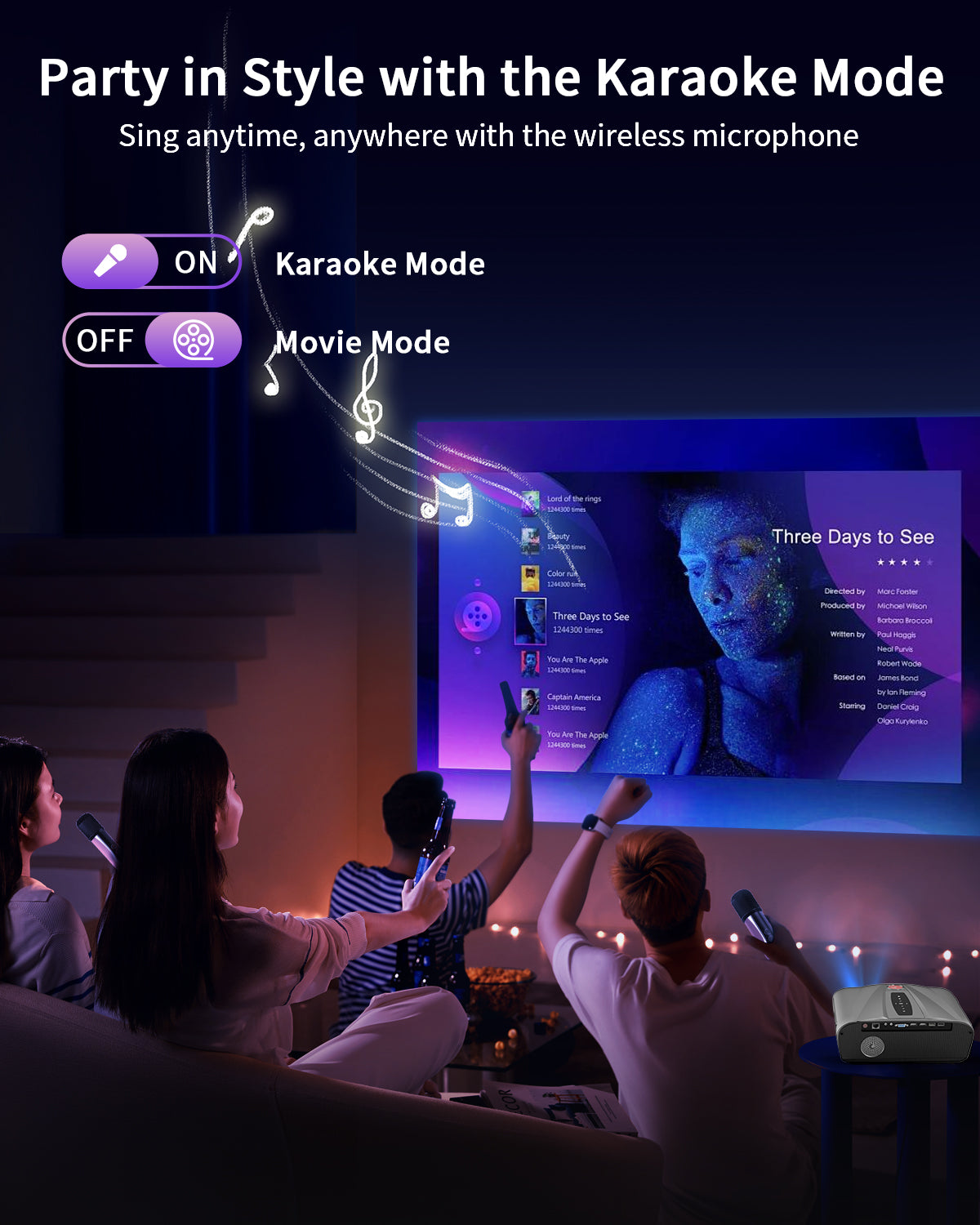 Auto Focus 4K Projector Daytime Karaoke Projectors with Wireless Microphone, 1200ANSI, Built-in Apps 5G WiFi Bluetooth Smart TV Proyector 1080P Full HD WLAN HDMI ARC USB, Ceiling Mount