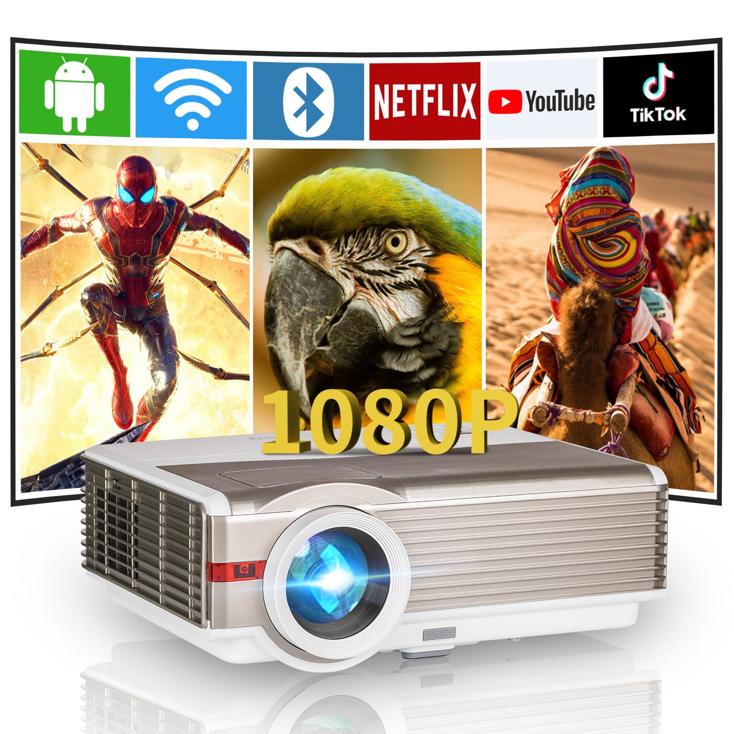 EUG 9000LM High Brightness Projector with WiFi and Bluetooth, Smart LCD Proyector with Android OS Built-in Apps,Wireless FHD 1080P Home Outdoor Movie Projector with 10W Speaker&Zoom for Phone DVD TV Stick