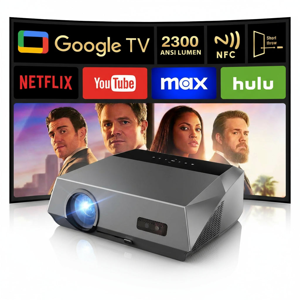 CAIWEI A10Q 4K Google TV Daytime Projector 2300 ANSI Ultra HD Smart Daylight Projector with ToF CMOS Auto Focus, 1.2 Short Throw, Dolby, Bluetooth WiFi6 for Bright Room, Home Theater, Outdoor Movie, Ceiling Mount