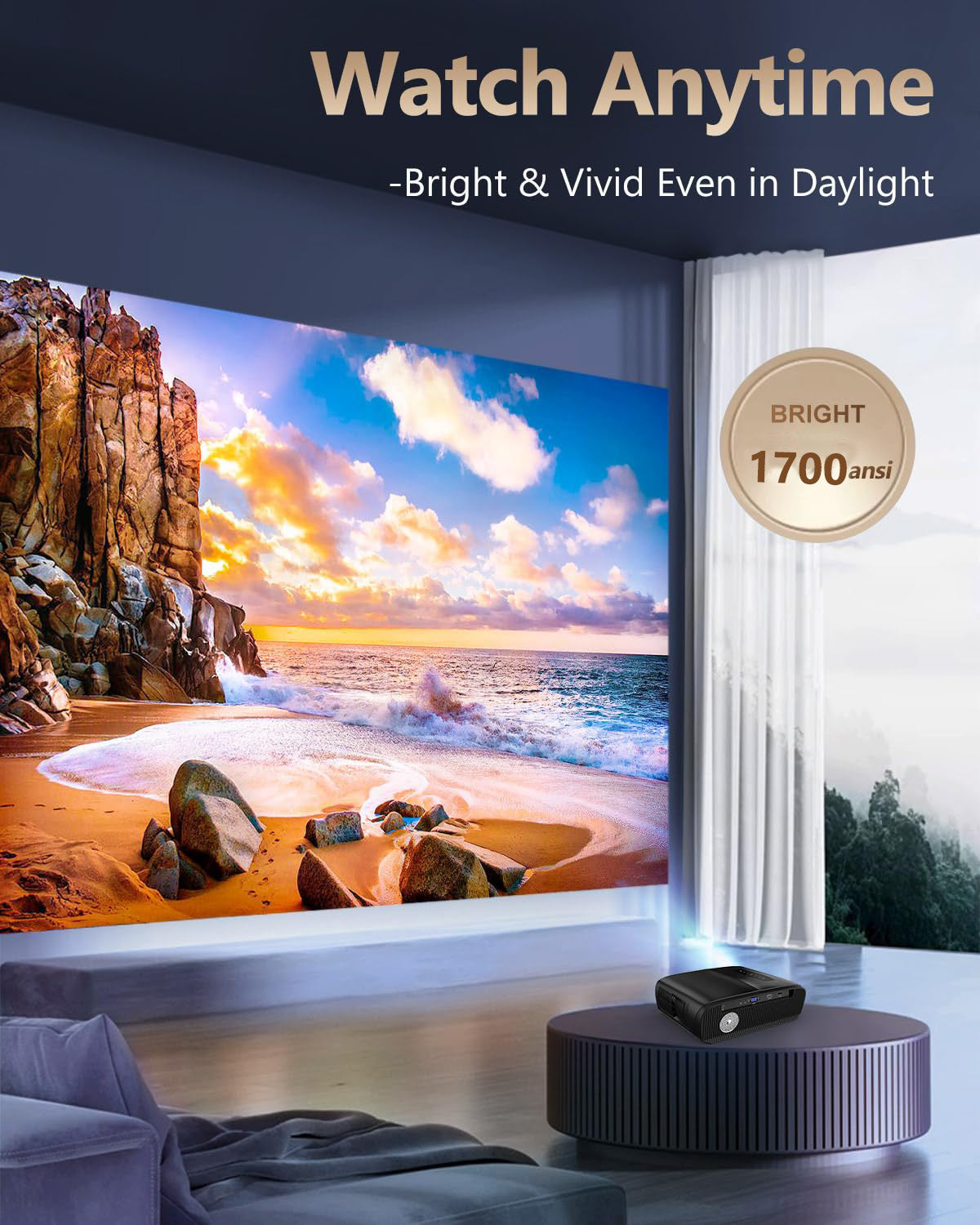 CAIWEI 1000D Smart Projector 4K with NETFLIX Licensed, NFC WiFi 6, Bluetooth 5.4 Dolby Audio, Ultra Bright Daylight Projector 1700ANSI HDR ToF Laser Auto Focus Shorter Throw, for Movie Gaming TV Home Theater