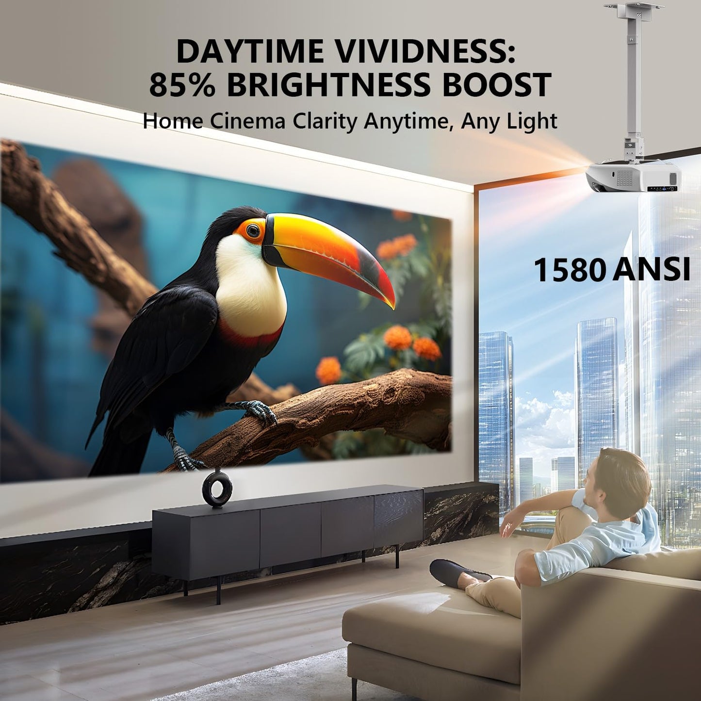 CAIWEI A10R 4K Daytime Projector 1580 ANSI Ultra Bright Smart Projector with NFC Screencast, Home Theater Projector for Daylight Viewing, Wifi and Bluetooth, 50%Zoom, 6D/P Keystone, Dust-Proof, Outdoor Movie