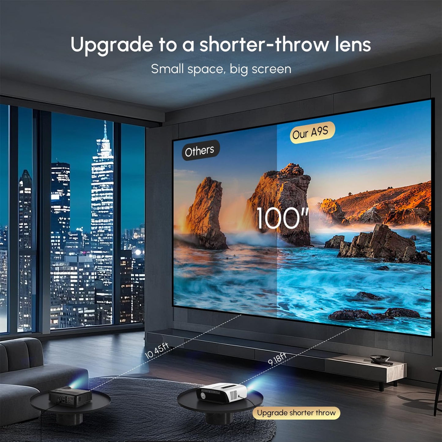 CAIWEI A9S Google TV 1700 ANSI Home Theater Projector with WiFi6 Bluetooth, Dolby Audio, 30W Speaker, ToF Laser Auto Focus & Keystone, NFC Screencast for Gaming Business Outdoor Night