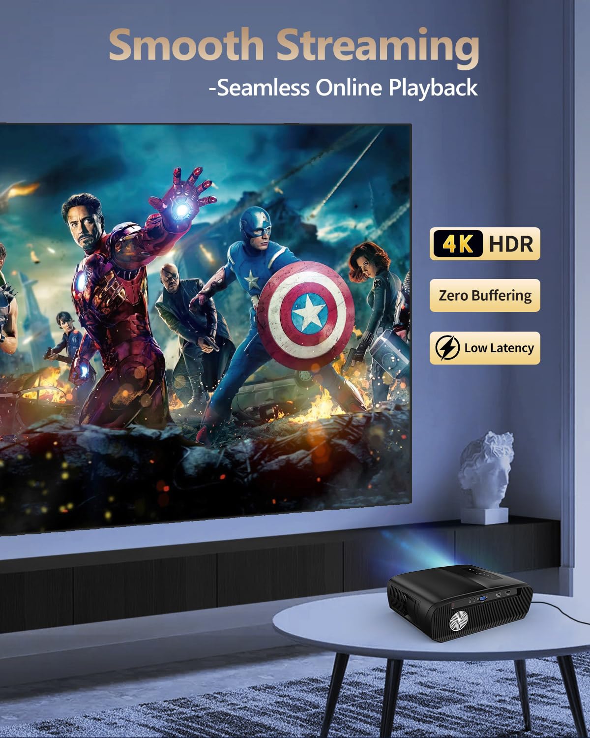 CAIWEI 1000D Smart Projector 4K with NETFLIX Licensed, NFC WiFi 6, Bluetooth 5.4 Dolby Audio, Ultra Bright Daylight Projector 1700ANSI HDR ToF Laser Auto Focus Shorter Throw, for Movie Gaming TV Home Theater