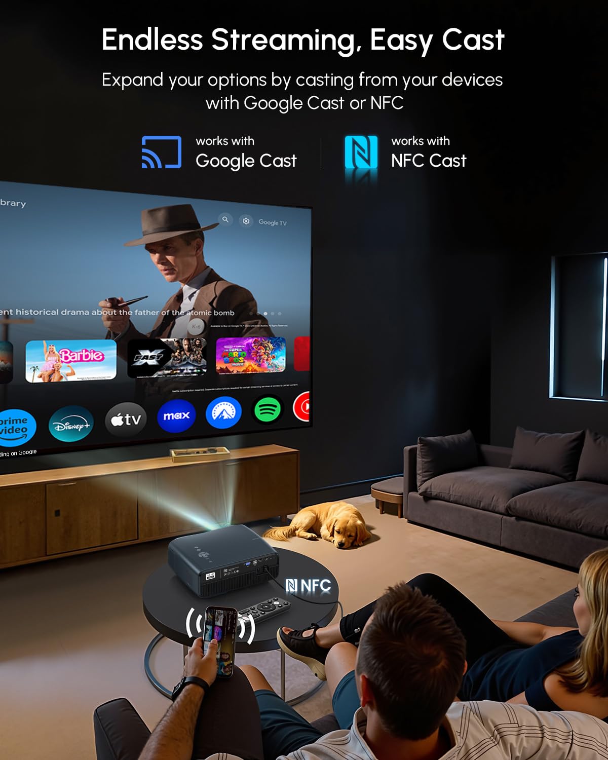 CAIWEI A12AB 4K Ultra HD Google TV Projector for Daylight Viewing, 2025 Upgrade 1700 ANSI Daytime Projector with Short Throw NFC Dolby 2×30W Speakers WiFi Bluetooth for Ceiling Mount Bright Room Home Theater