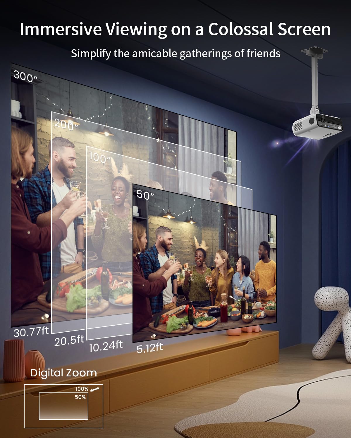 CAIWEI A12AB Smart 4K Daytime Projector with Apps,2200 ANSI Auto Focus Home Theater Projector with WiFi Bluetooth,300" Display HDR Native 1080P LED Android Projectors for TV Outdoor Movie Gaming Ceiling HDMI USB