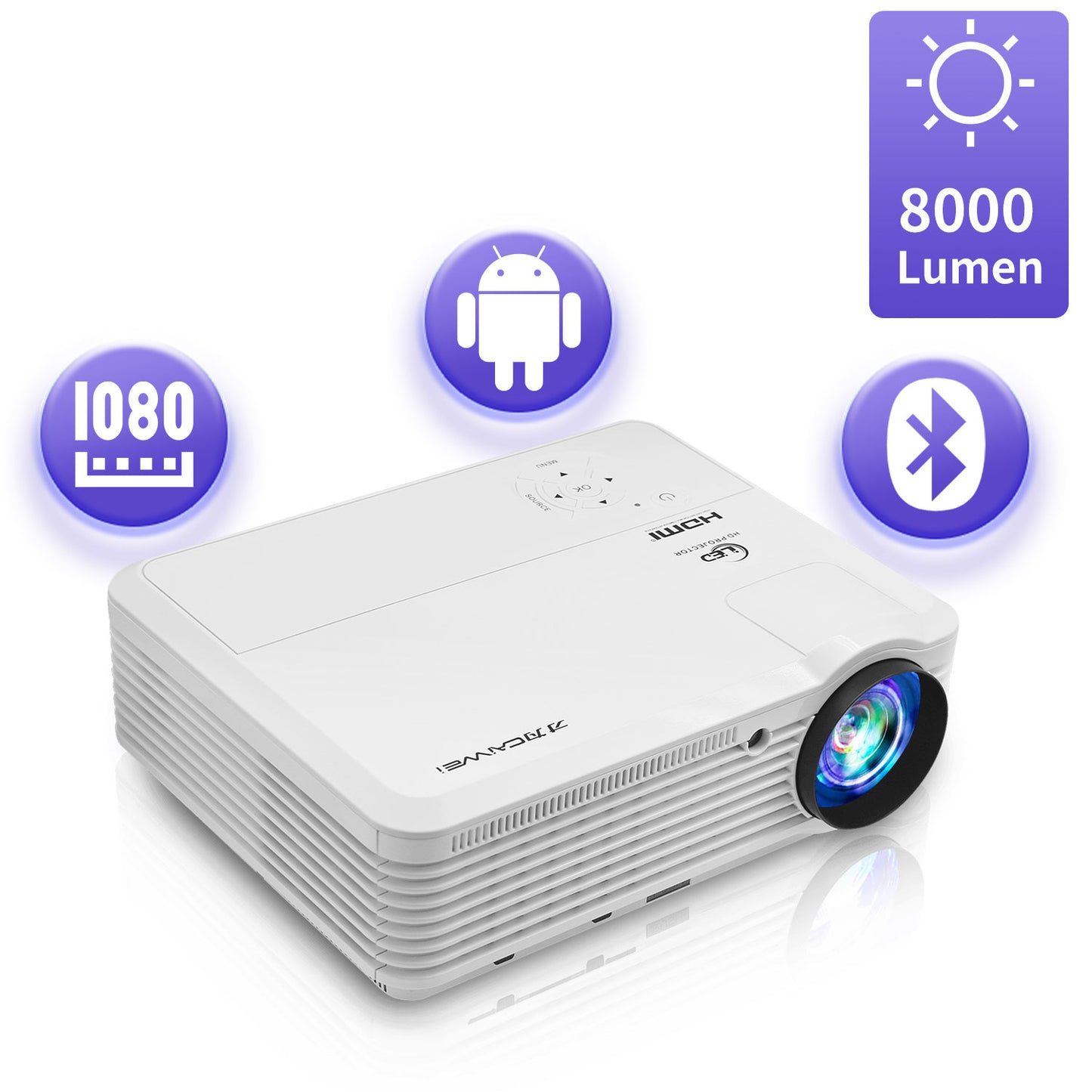 CAIWEI LED LCD 8000 Lumens 1080P Wireless Bluetooth Video Projectors, Compatible with iOS/Android