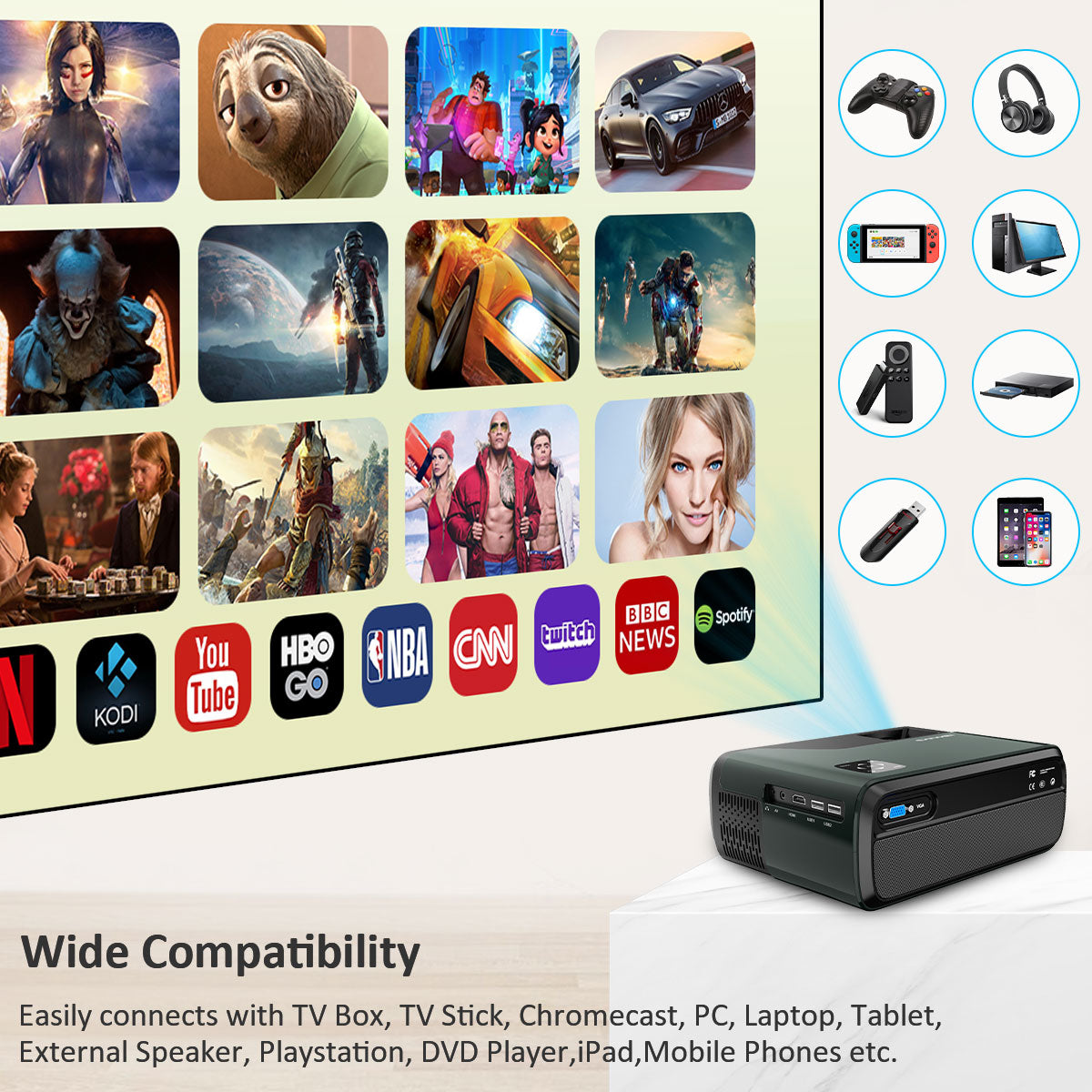 Portable 5G WiFi Bluetooth Projector 1080P Native, Android LED Full HD Moive Projector Wireless iOS Mirroring Support Massive Apps Bi-Bluetooth Outdoor/Indoor Proyector