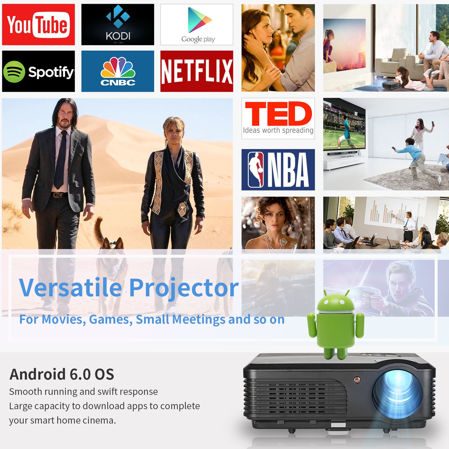 CAIWEI 1080P HD WiFi Projector with Android Bluetooth HDMI USB RCA HiFi Speakers (7500 Lumens)