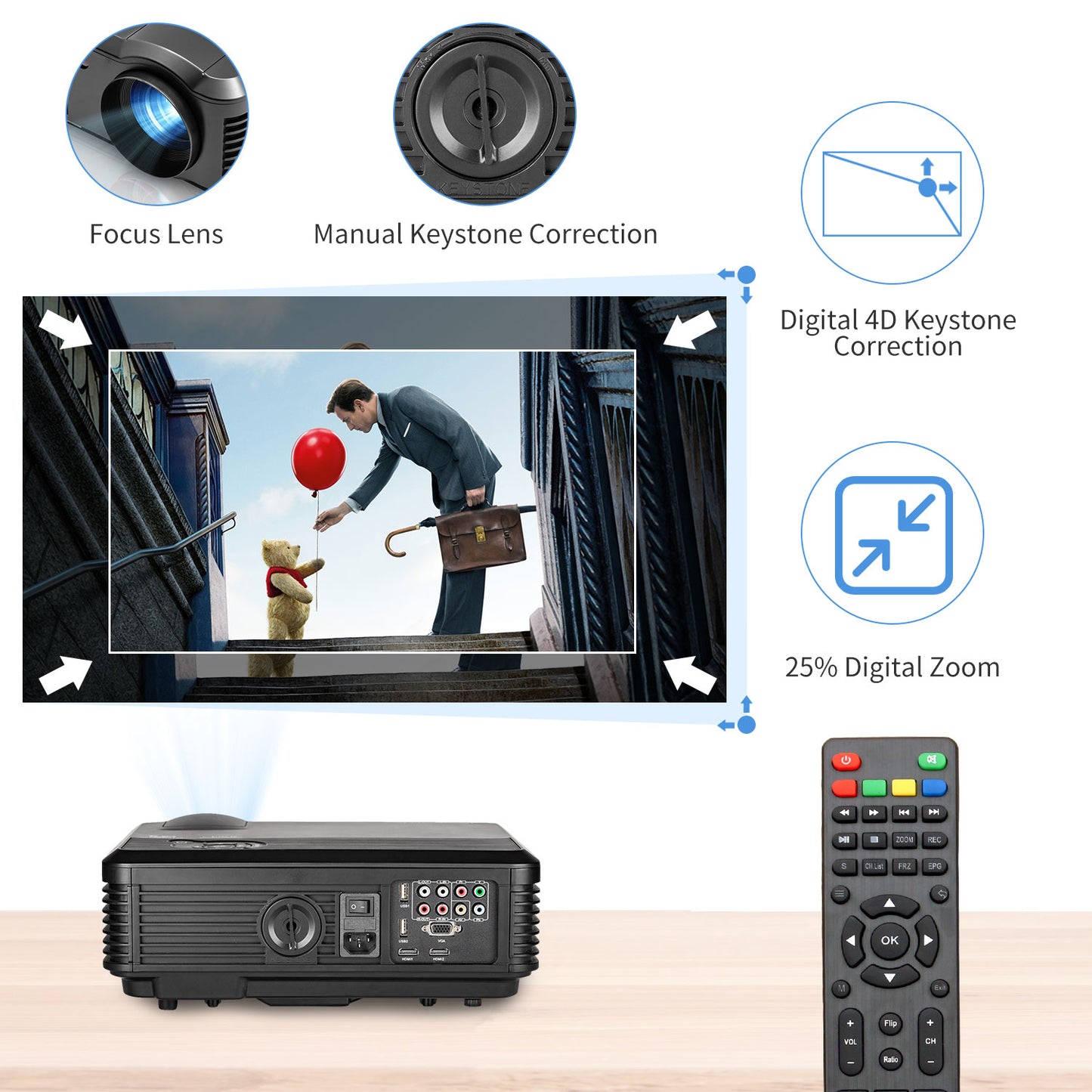 CAIWEI 1080P HD WiFi Projector with Android Bluetooth HDMI USB RCA HiFi Speakers (7500 Lumens)