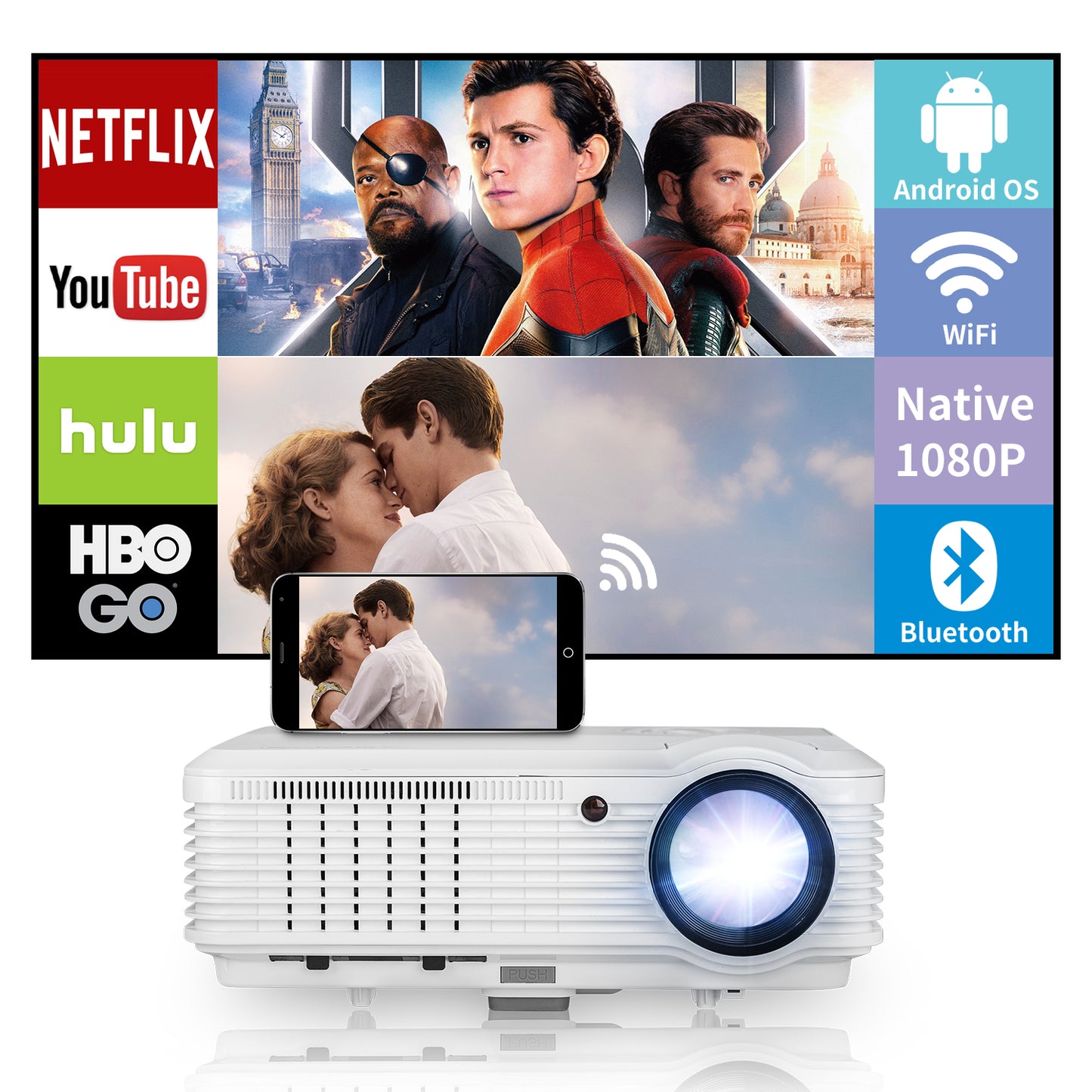 CAIWEI LED LCD 8000 Lumens 1080P Wireless Bluetooth Video Projectors, Compatible with iOS/Android