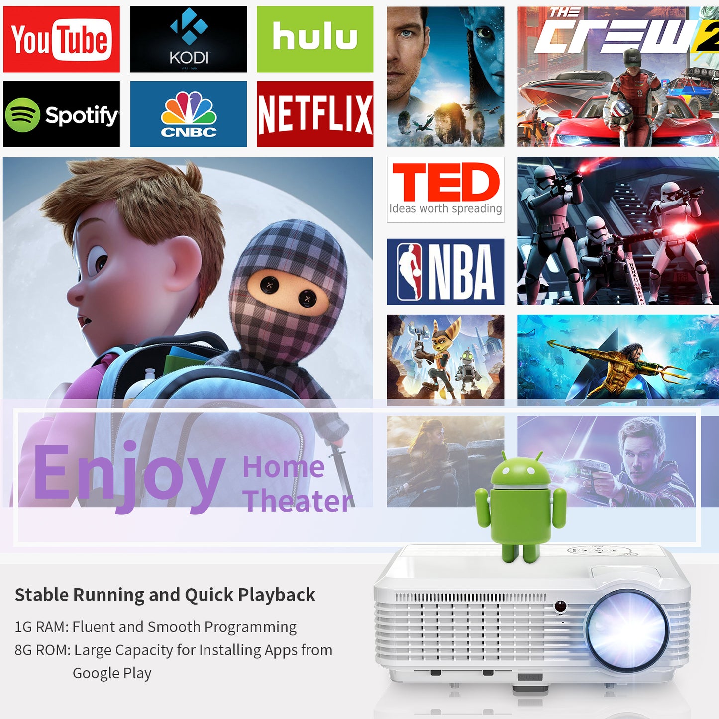 CAIWEI LED LCD 8000 Lumens 1080P Wireless Bluetooth Video Projectors, Compatible with iOS/Android