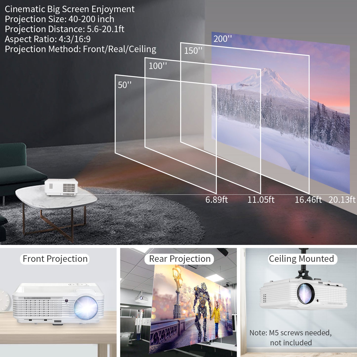 CAIWEI LED LCD 8000 Lumens 1080P Wireless Bluetooth Video Projectors, Compatible with iOS/Android