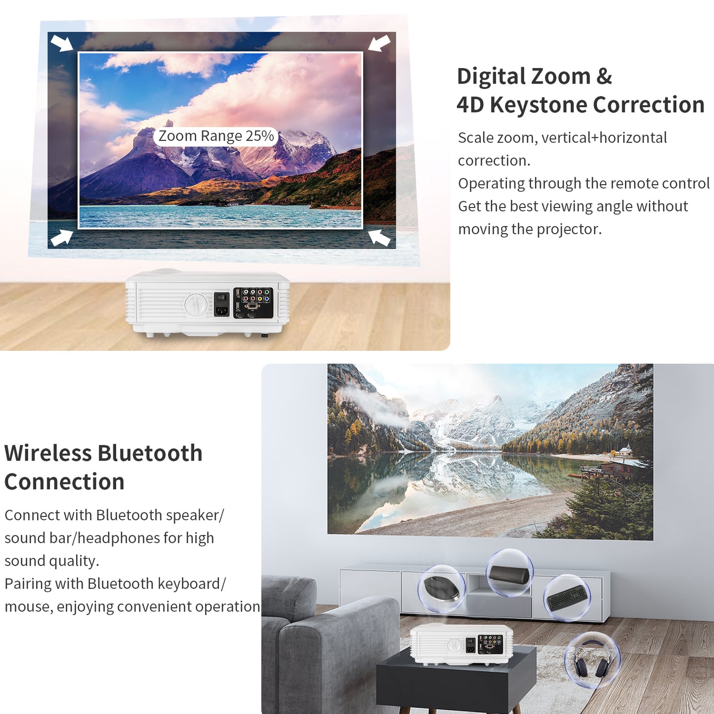 CAIWEI LED LCD 8000 Lumens 1080P Wireless Bluetooth Video Projectors, Compatible with iOS/Android