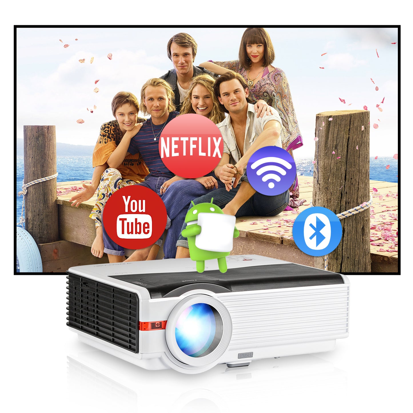 CAIWEI Smart Wi-Fi HD 1080P Projector 9000 Lumen Bluetooth Wireless for Movie & Gaming