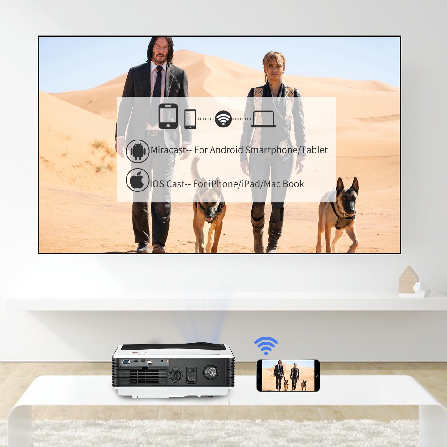 CAIWEI Smart Wi-Fi HD 1080P Projector 9000 Lumen Bluetooth Wireless for Movie & Gaming