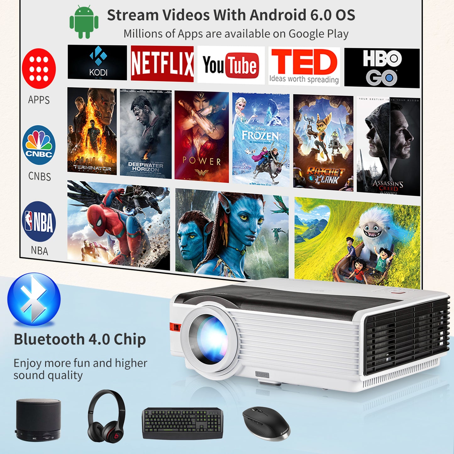 CAIWEI Smart Wi-Fi HD 1080P Projector 9000 Lumen Bluetooth Wireless for Movie & Gaming