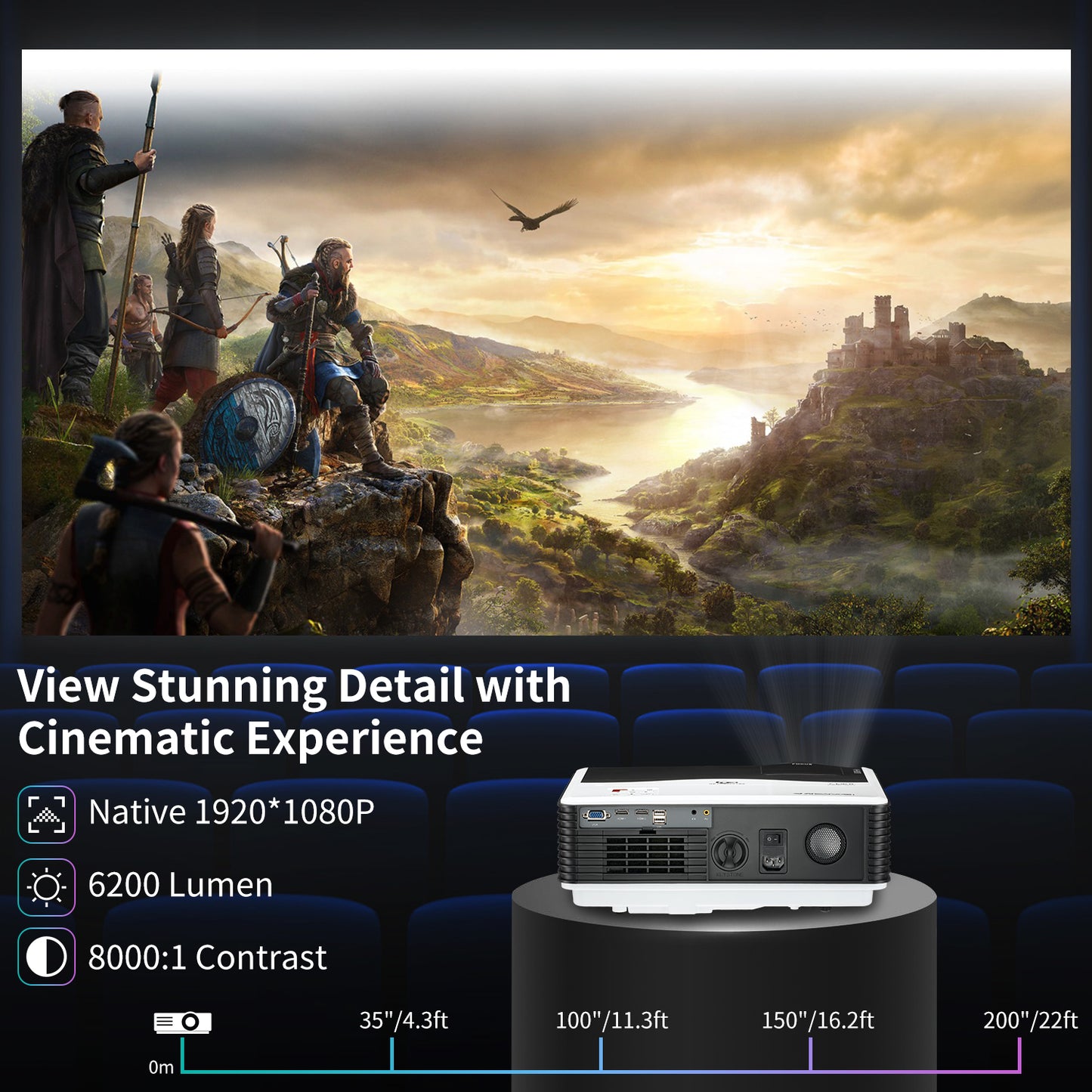 CAIWEI Smart Wi-Fi HD 1080P Projector 9000 Lumen Bluetooth Wireless for Movie & Gaming