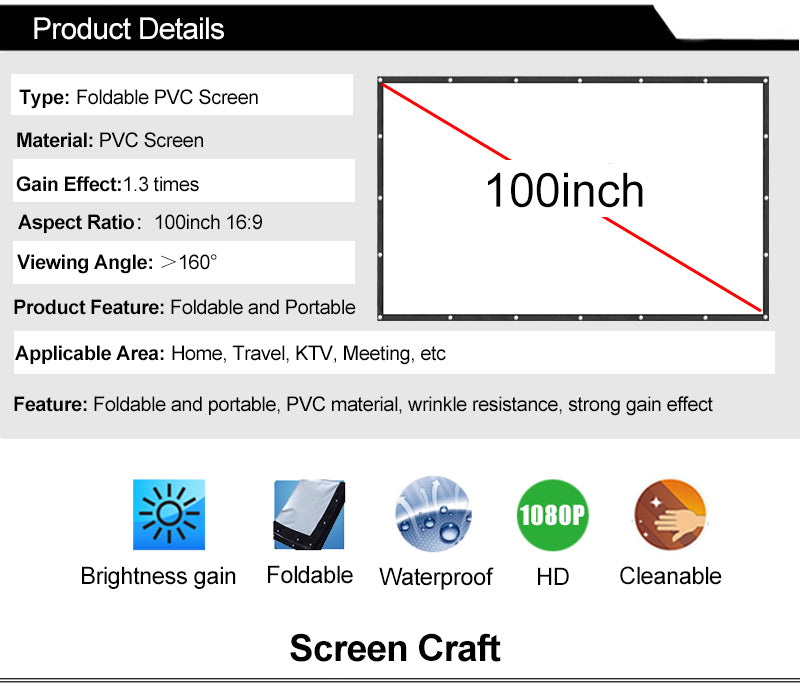 CAIWEI 100'' Portable Projector Screen HD 16:9 PVC for Home Office Outdoor