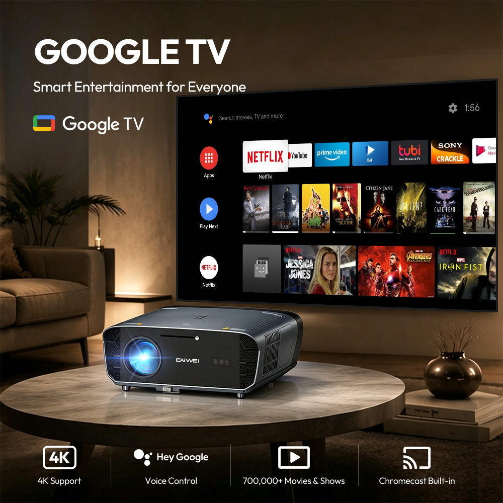 Authorized Google TV projector with Google TV dongle for streaming apps 4K Contents