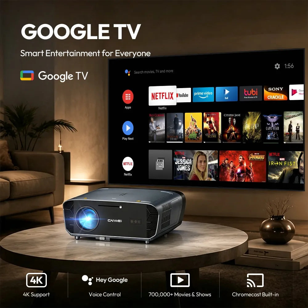 Authorized Google TV projector with Google TV dongle for streaming apps 4K Contents