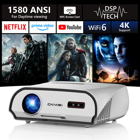 CAIWEI A10R 4K Daytime Projector 1580 ANSI Ultra Bright Smart Projector with NFC Screencast, Home Theater Projector for Daylight Viewing, Wifi and Bluetooth, 50%Zoom, 6D/P Keystone, Dust-Proof, Outdoor Movie