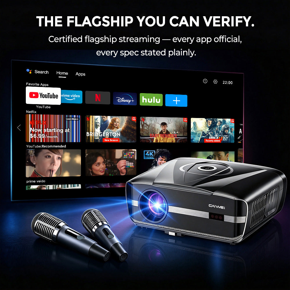 CAIWEI A9X 2026 New 4K UHD Projector Google TV Karaoke 2 Mic HiFi Speakers