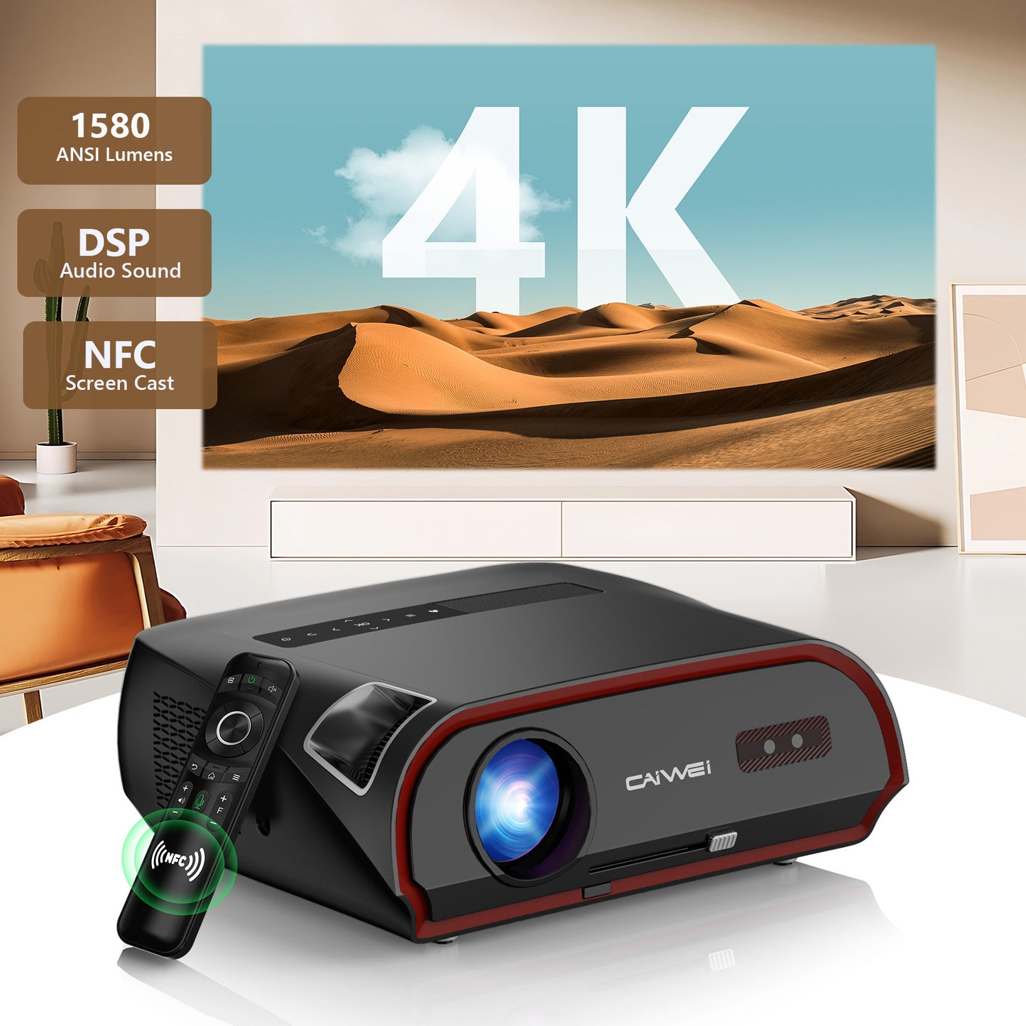 CAIWEI A10R 4K Smart Daytime Projector, 1580ANSI High-Brightness Home Theater Projector with 300" Huge Display, NFC WiFi6 Bluetooth 5.2, 2G+32G Android TV 9.0