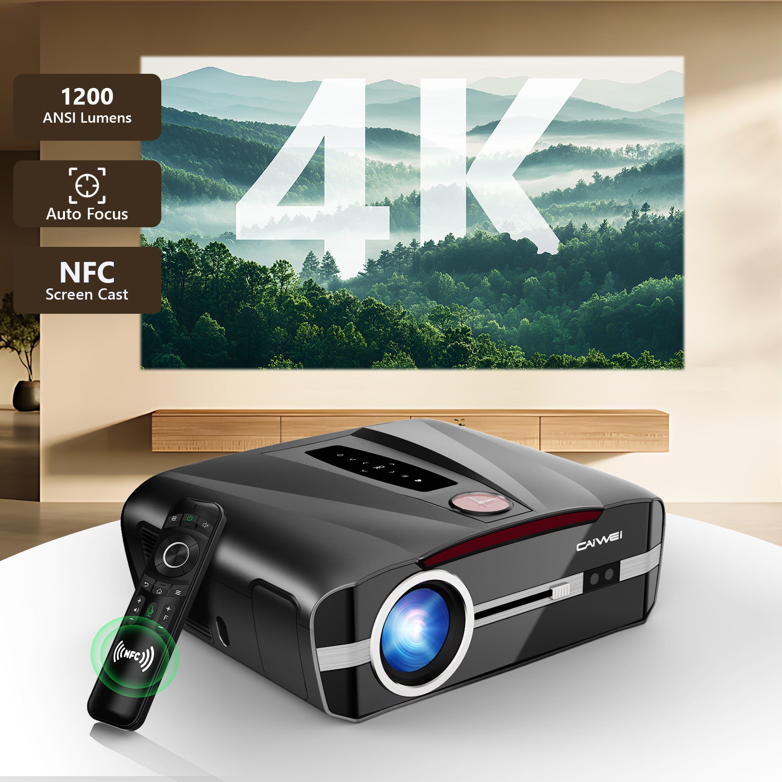 CAIWEI A9T 4K Projector with WiFi and Bluetooth, 1600 ANSI Lumens Daytime Projector with Android TV 9.0