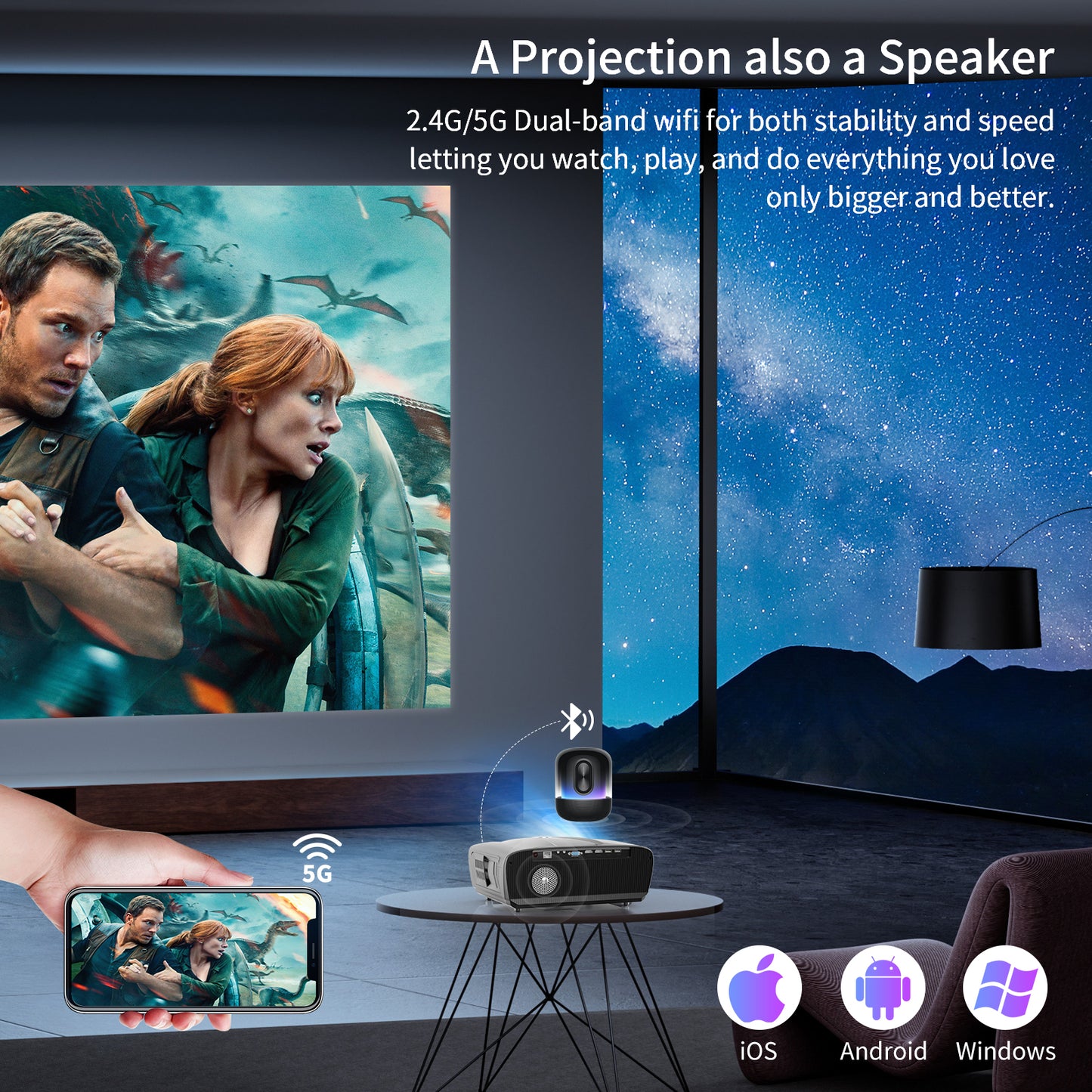 AUTO Focus 4K Projector Daytime Viewing, 1200 ANSI Outdoor Projector 300” Screen, Android TV Projector with WiFi 6 and Bluetooth, Auto Keystone Projector Outdoor, For TV Stick/iOS/Android/PC/HDMI/PPT