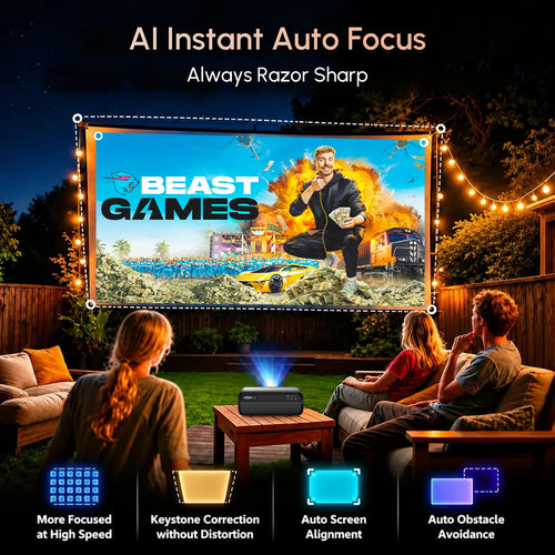 CAIWEI D6F 1080P 4K Projector | 1600 ANSI, AI Auto Focus, Low Latency
