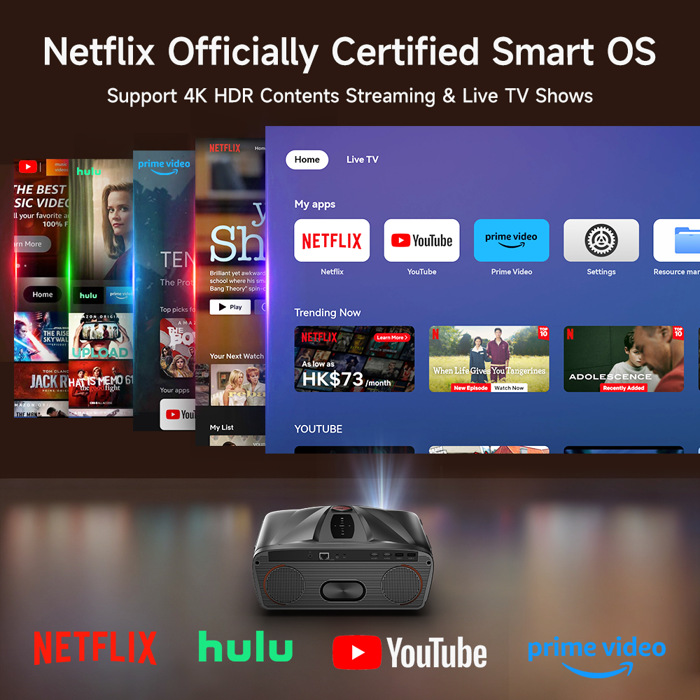 Netflix Certified 4K Smart Projector Native 1080P Dolby Audio WiFi6 Bluetooth Auto Focus Auto Keystone HDR Home Theater HDMI