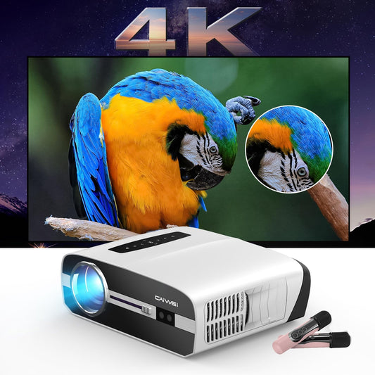 Autofocus & KaraokeProjector 4K Home Theater, 1000 ANSI LED Daylight Projector with Screen and Wireless Microphones, Full HD Smart Video Projector 5G WLAN, Bluetooth, Android TV for Gaming, Party