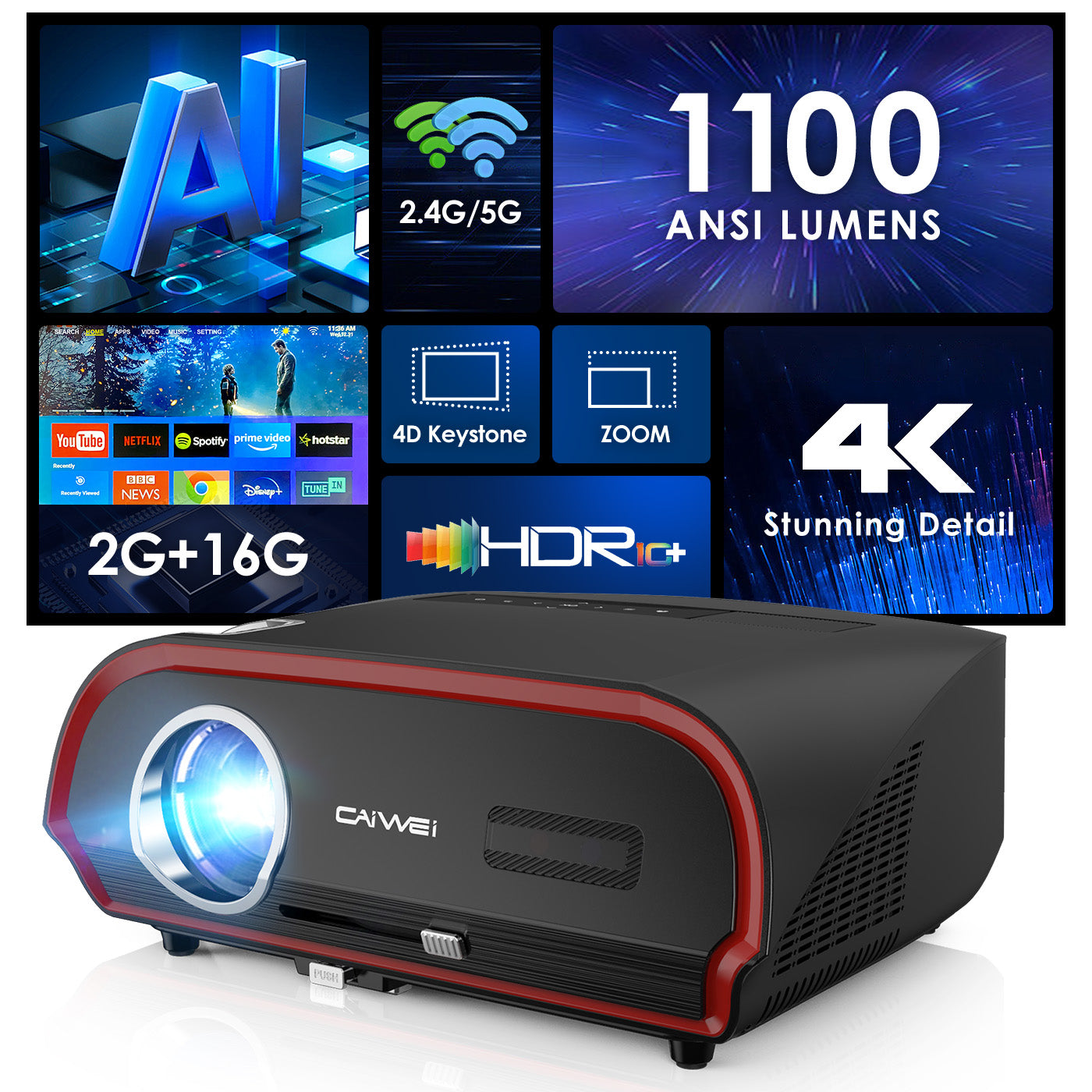 CAIWEI High Lumen 4K Projectors Daylight 1100 ANSI/14300LM, 5G WiFi Bluetooth Smart LCD Android TV Projector with Apps Netflix Prime Video Airplay, Zoom, HDMI ARC, USB, RJ45 for Home Theater Outdoor Office