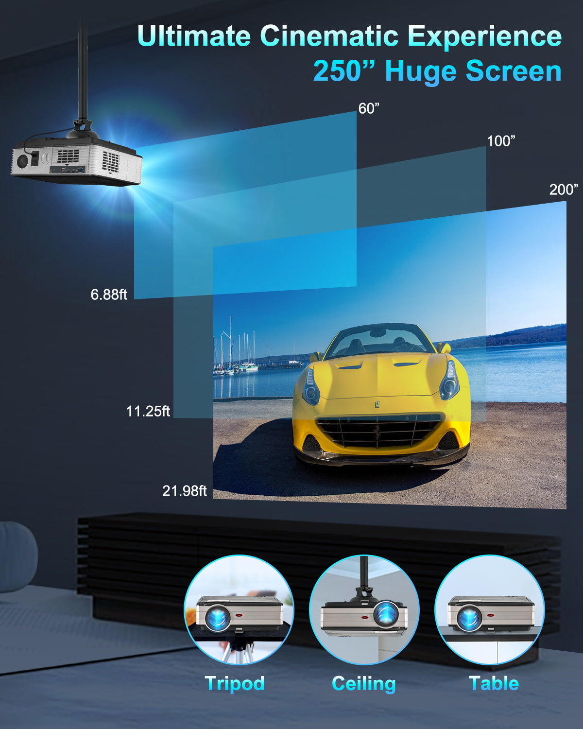 [SAVE US$207] A8 Wireless Video Projector with WiFi Bluetooth, Android 6.0 Home Theater Projectors 250" Display Movie Projector Compatible with HDMI, USB, Laptop, iOS & Android Phone