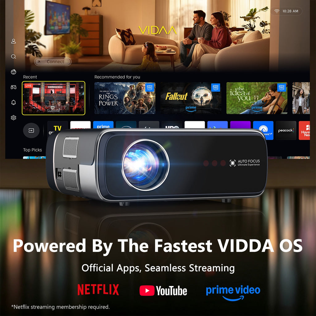 CAIWEI A8V Portable Projector with Official Apps, Compatible with Netflix, Powered by Vidda OS