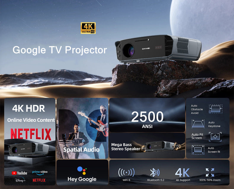 CAIWEI S7+ 4K Projector with 2026 Google TV 【Netflix Certified & Tof+CMOS Auto Focus】2500 ANSI Daytime Smart Projector Wireless NFC, WiFi6, Bluetooth,HDR10+,Dolby Audio, for Home Cinema/Outdoor Movies