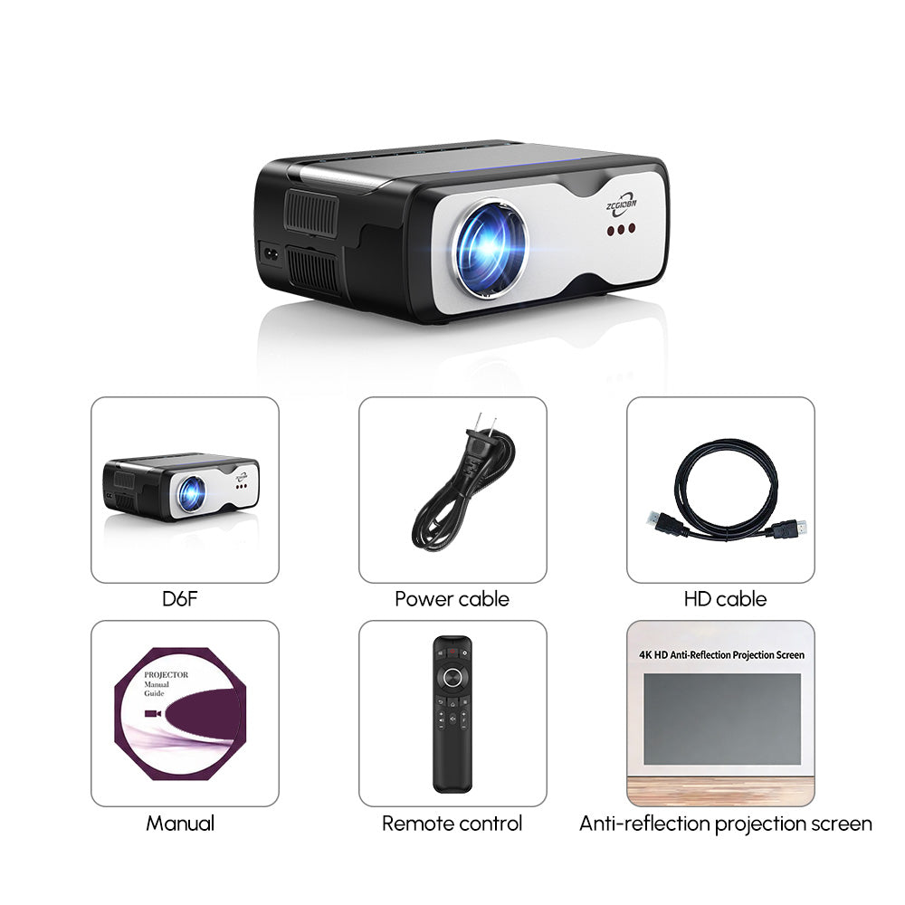 CAIWEI D6F 1080P 4K Projector | 1600 ANSI, AI Auto Focus, Low