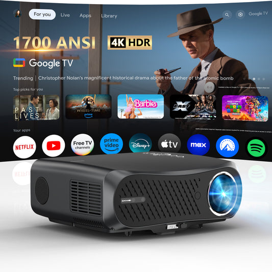 CAIWEI A12AB 4K Ultra HD Google TV Projector for Daylight Viewing, 2025 Upgrade 1700 ANSI Daytime Projector with Short Throw NFC Dolby 2×30W Speakers WiFi Bluetooth for Ceiling Mount Bright Room Home Theater