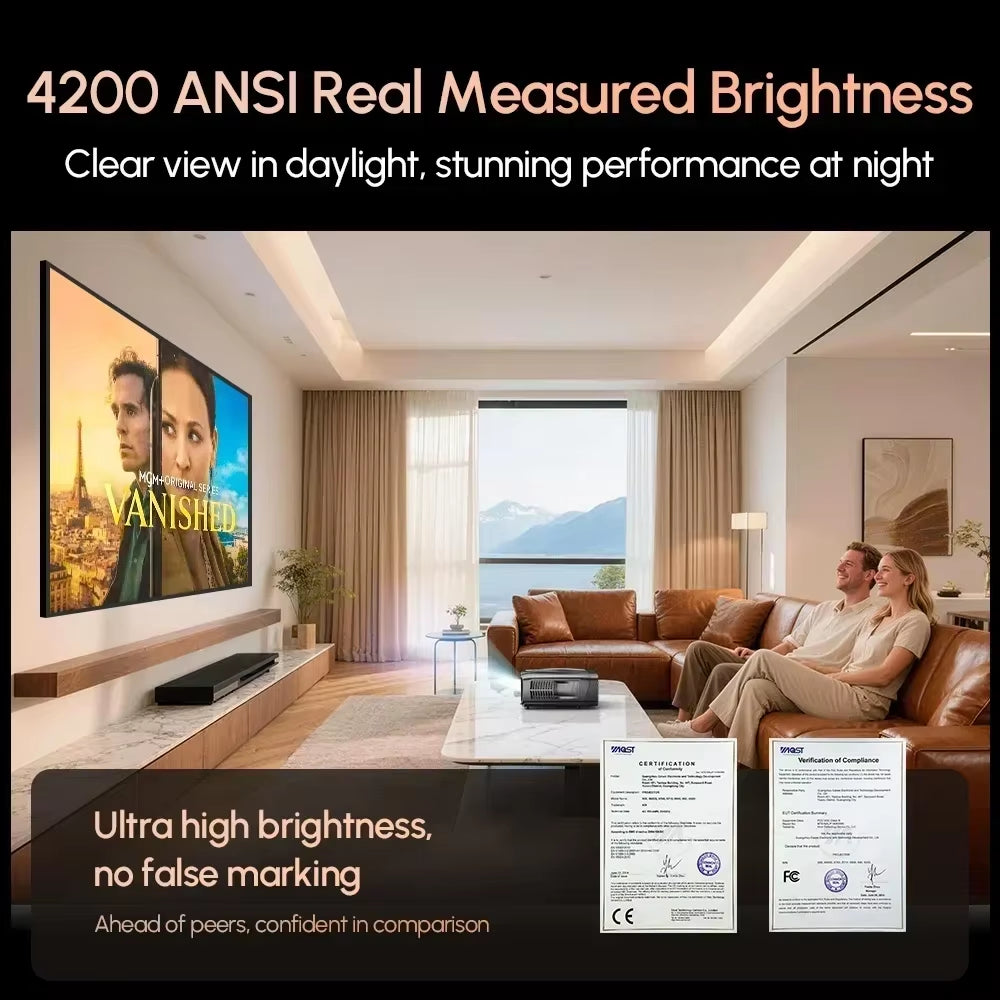 CAIWEI 1000D Smart Projector 4K with NETFLIX Licensed, NFC WiFi 6, Bluetooth 5.4 Dolby Audio, Ultra Bright Daylight Projector 4200ANSI HDR ToF Laser Auto Focus Shorter Throw, for Movie Gaming TV Home Theater