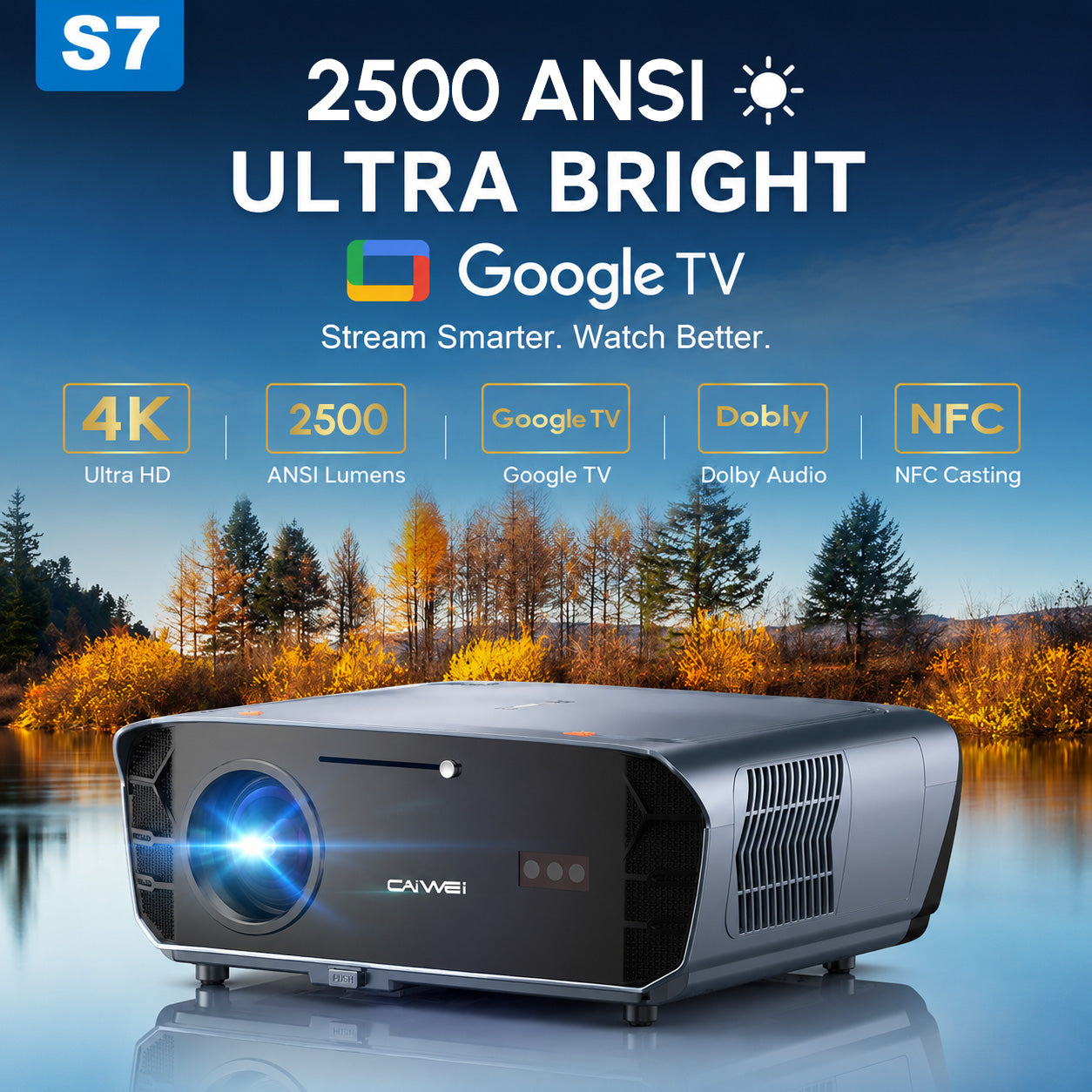 CAIWEI S7+ 4K Projector with 2026 Google TV 【Netflix Certified & Tof+CMOS Auto Focus】2500 ANSI Daytime Smart Projector Wireless NFC, WiFi6, Bluetooth,HDR10+,Dolby Audio, for Home Cinema/Outdoor Movies