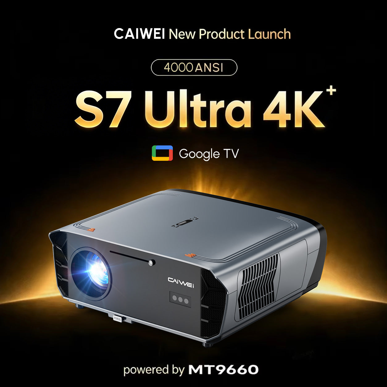 CAIWEI S7+ 4K Projector with 2026 Google TV 【Netflix Certified & Tof+CMOS Auto Focus】4000 ANSI Daytime Smart Projector Wireless NFC, WiFi6, Bluetooth,HDR10+,Dolby Audio,for Home Cinema/Outdoor Movies