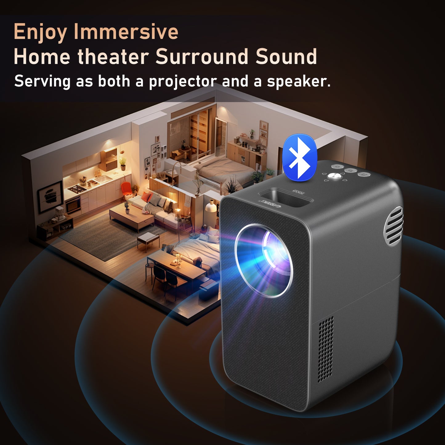 Portable LCD Projector Wireless Cast with iPhone, Home Cinema Projectors 1080P Native, Work as Bluetooth Speakers