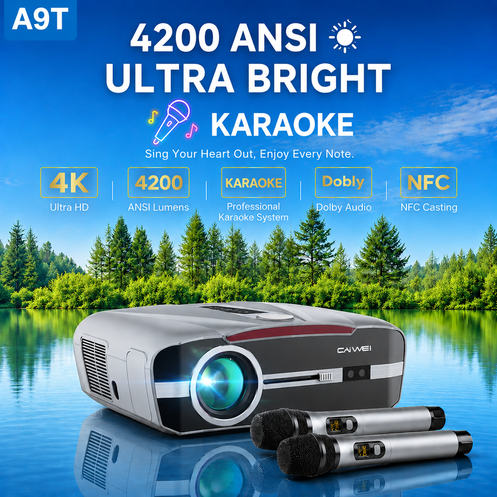 CAIWEI A9T Karaoke Daytime Projector 4200 ANSI 4K Smart Daylight Projector with ToF+CMOS Laser Autofocus, 1.2 Short Throw, HDMI ARC, Android TV Dual Mircophone NFC for Bright Room Home Theater Business
