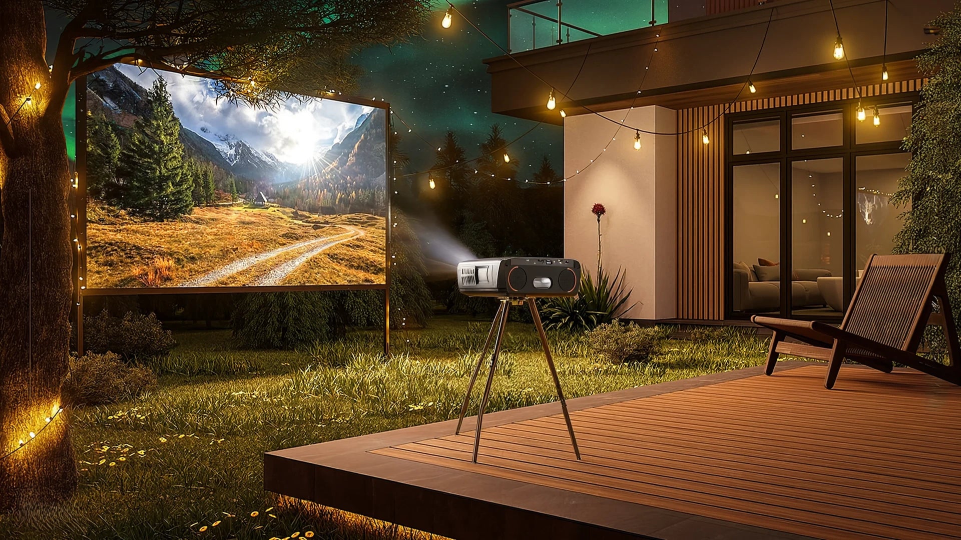 CAIWEI 4K projector displaying vivid colors for a backyard movie night