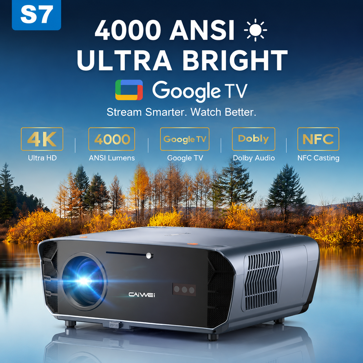 CAIWEI S7+ 4K Projector with 2026 Google TV 【Netflix Certified & Tof+CMOS Auto Focus】4000 ANSI Daytime Smart Projector Wireless NFC, WiFi6, Bluetooth,HDR10+,Dolby Audio,for Home Cinema/Outdoor Movies